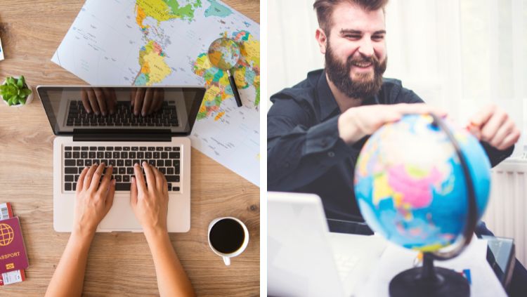 images of woman at laptop and man spinning globe indicating planning travel without your partner