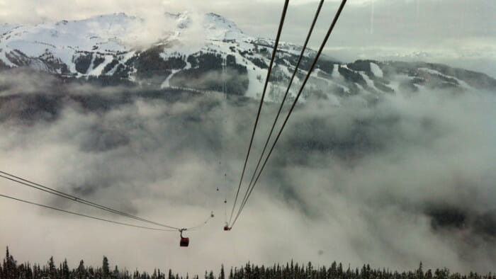 The Peak 2 Peak Gondola runs from Whistler Mountain to Blackcomb Mountain. You can take a return trip or go up one mountain and down the other.