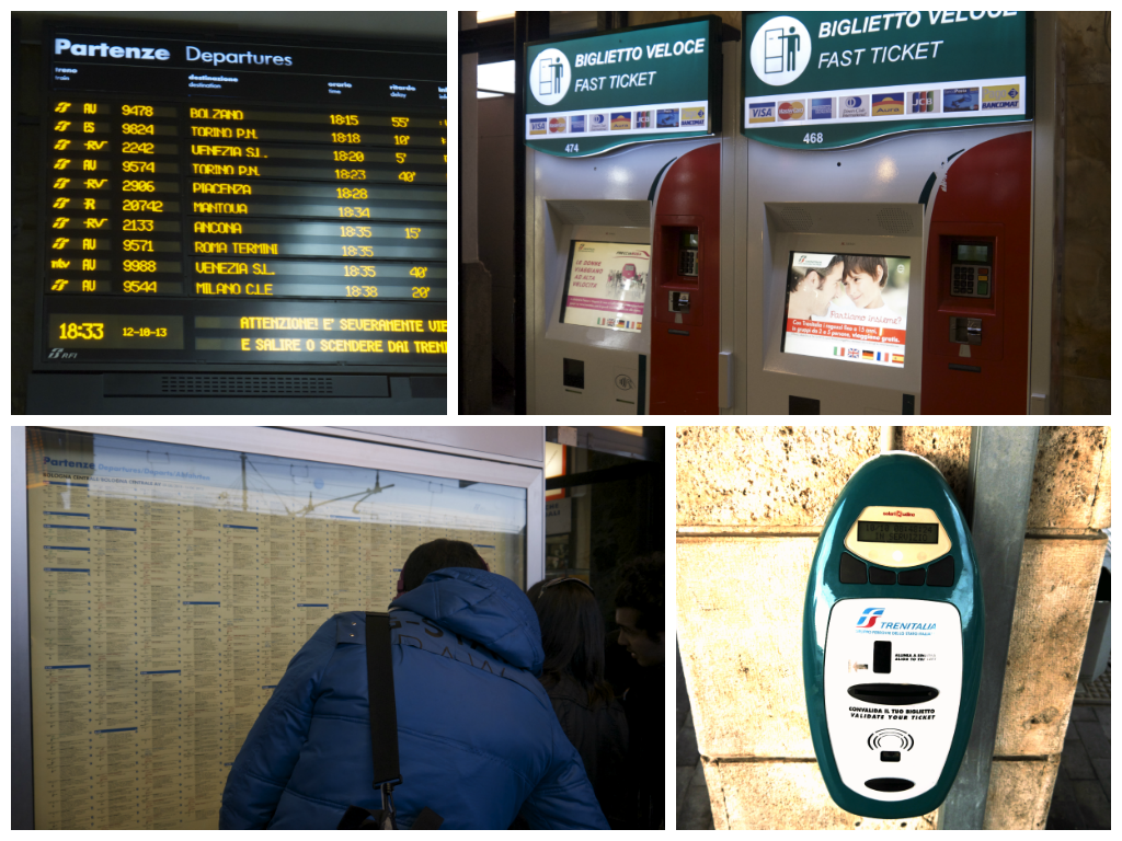 Running clockwise from the upper left, check the schedule, buy your ticket at the machine if you haven't done so online in advance, confirm what platform your train leaves from and, make sure your validate your ticket with this little machine on walls throughout the station.